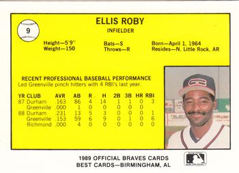 1989 Best Greenville Braves #9 Ellis Roby  Back