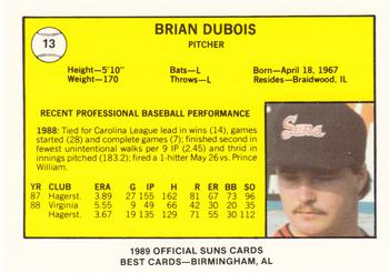 1989 Best Hagerstown Suns #13 Brian DuBois  Back