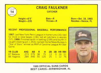 1989 Best Hagerstown Suns #14 Craig Faulkner  Back