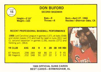 1989 Best Hagerstown Suns #15 Don Buford Jr.  Back