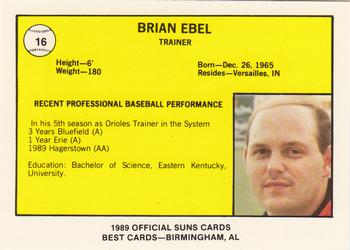 1989 Best Hagerstown Suns #16 Brian Ebel Back