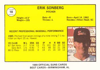 1989 Best Hagerstown Suns #18 Erik Sonberg  Back