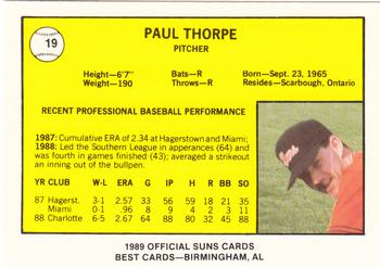 1989 Best Hagerstown Suns #19 Paul Thorpe  Back