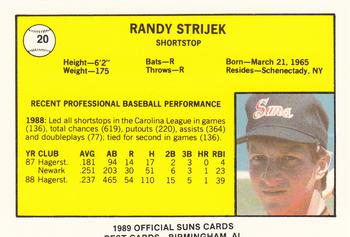 1989 Best Hagerstown Suns #20 Randy Strijek  Back