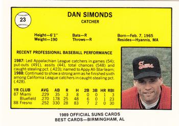 1989 Best Hagerstown Suns #23 Dan Simonds  Back