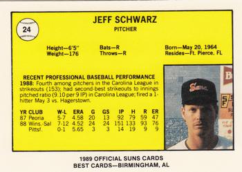 1989 Best Hagerstown Suns #24 Jeff Schwarz  Back