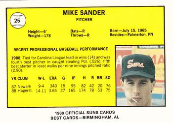 1989 Best Hagerstown Suns #25 Mike Sander  Back