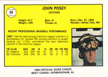 1989 Best Hagerstown Suns #26 John Posey  Back