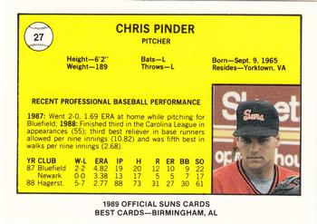 1989 Best Hagerstown Suns #27 Chris Pinder  Back