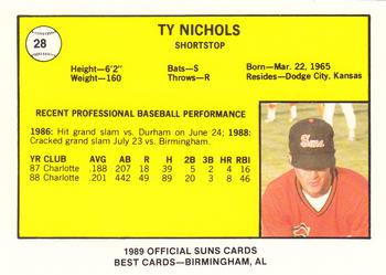 1989 Best Hagerstown Suns #28 Ty Nichols  Back
