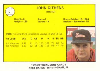 1989 Best Hagerstown Suns #2 John Githens  Back