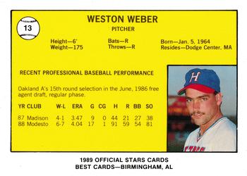 1989 Best Huntsville Stars #13 Weston Weber  Back