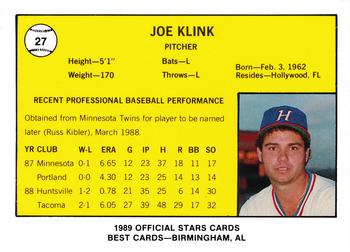 1989 Best Huntsville Stars #27 Joe Klink  Back