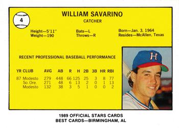 1989 Best Huntsville Stars #4 Bill Savarino  Back