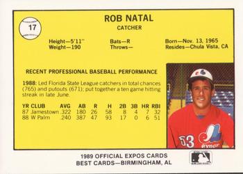 1989 Best Jacksonville Expos #17 Rob Natal Back