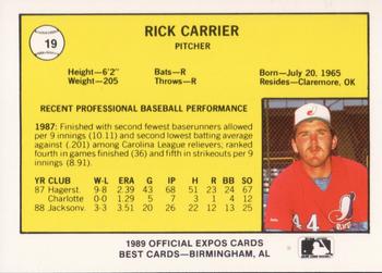 1989 Best Jacksonville Expos #19 Rick Carriger  Back