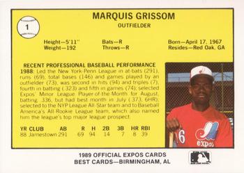 1989 Best Jacksonville Expos #1 Marquis Grissom  Back