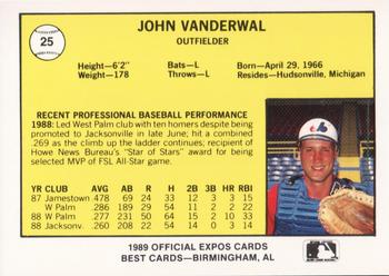 1989 Best Jacksonville Expos #25 John Vander Wal  Back