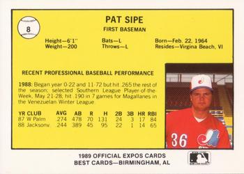 1989 Best Jacksonville Expos #8 Pat Sipe  Back