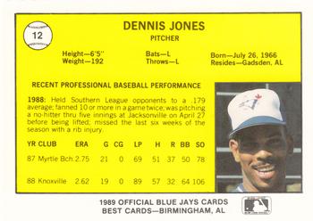 1989 Best Knoxville Blue Jays #12 Dennis Jones  Back