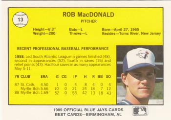 1989 Best Knoxville Blue Jays #13 Bob MacDonald  Back