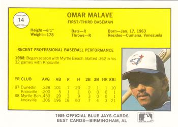 1989 Best Knoxville Blue Jays #14 Omar Malave  Back