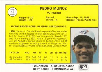 1989 Best Knoxville Blue Jays #18 Pedro Munoz  Back