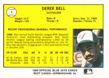 1989 Best Knoxville Blue Jays #1 Derek Bell  Back