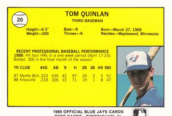 1989 Best Knoxville Blue Jays #20 Tom Quinlan  Back