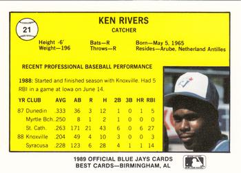 1989 Best Knoxville Blue Jays #21 Ken Rivers  Back