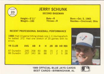 1989 Best Knoxville Blue Jays #23 Jerry Schunk  Back