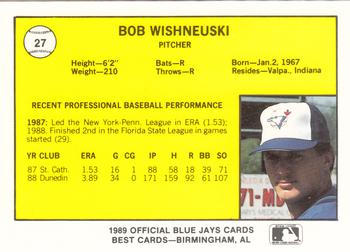 1989 Best Knoxville Blue Jays #27 Bob Wishnevski Back