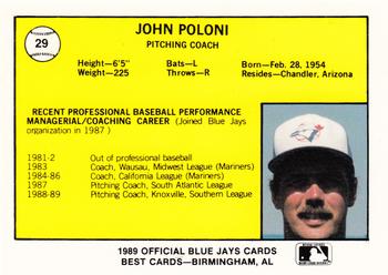 1989 Best Knoxville Blue Jays #29 John Poloni Back