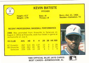 1989 Best Knoxville Blue Jays #2 Kevin Batiste  Back