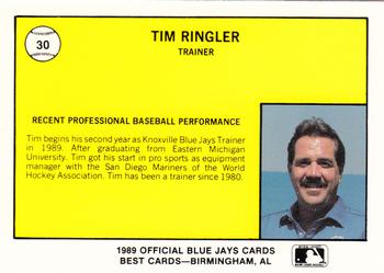 1989 Best Knoxville Blue Jays #30 Tim Ringler Back