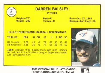 1989 Best Knoxville Blue Jays #3 Darren Balsley  Back