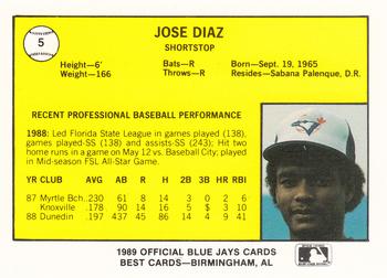 1989 Best Knoxville Blue Jays #5 Jose Diaz  Back
