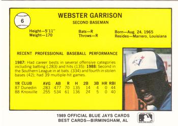 1989 Best Knoxville Blue Jays #6 Webster Garrison  Back