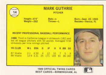 1989 Best Orlando Twins #14 Mark Guthrie  Back