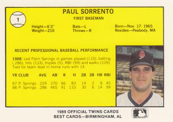 1989 Best Orlando Twins #1 Paul Sorrento  Back