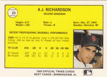 1989 Best Orlando Twins #23 A.J. Richardson  Back