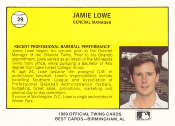 1989 Best Orlando Twins #29 Jamie Lowe Back