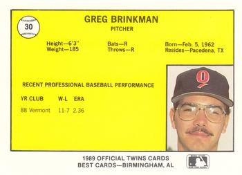1989 Best Orlando Twins #30 Greg Brinkman  Back