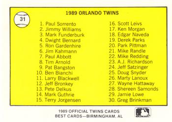 1989 Best Orlando Twins #31 Team logo / Checklist  Back