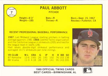 1989 Best Orlando Twins #7 Paul Abbott  Back