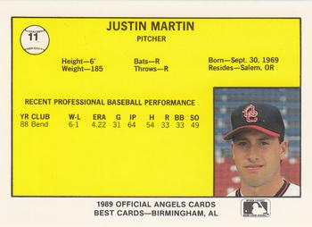 1989 Best Quad City Angels #11 Justin Martin  Back