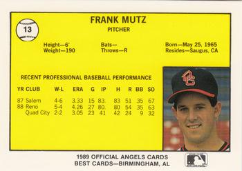 1989 Best Quad City Angels #13 Frank Mutz  Back