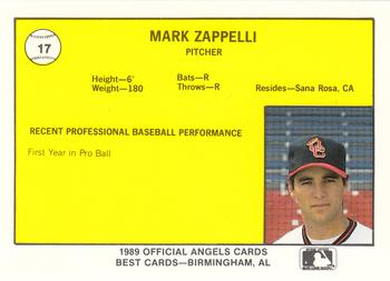 1989 Best Quad City Angels #17 Mark Zappelli  Back
