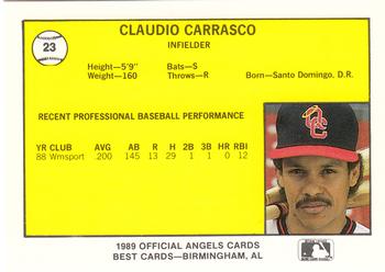 1989 Best Quad City Angels #23 Claudio Carrasco  Back