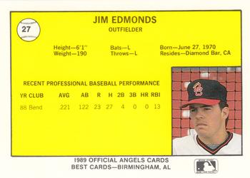 1989 Best Quad City Angels #27 Jim Edmonds  Back